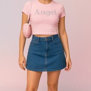 New 6 ASOS Medium Wash‎ High Rise Stretch Denim Mini Skirt Jean Pockets Vintage